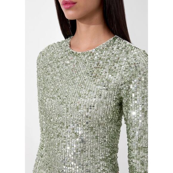 ALICE + OLIVIA Delaina Long Sleeve Sea Green Sequin Crop Top Size Large - Picture 2 of 10